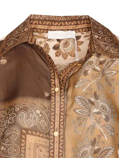 Zimmermann Lucky Brown Shirt With Classic Collar And All-over Floral Print In Silk Woman