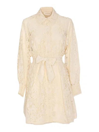 Zimmermann Waist Belt Lace Detail Mini Dress In Neutral