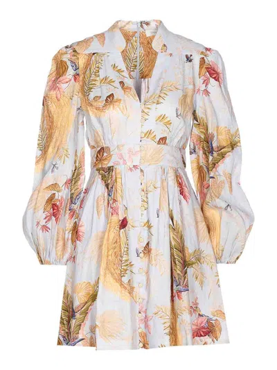 Zimmermann Ascension Light Blue Mini Dress With Flared Skirt And All-over Print In Linen Woman In Multi