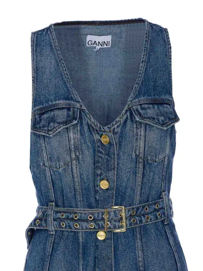 Ganni Denim Light Denim Belt Dress In Blue