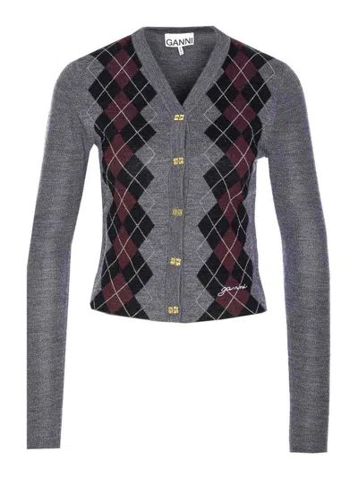 Ganni Grey Sweater With Classic Collar And Check Motif On The Front In Wool Woman In Gray