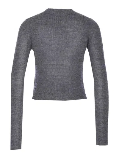 Ganni Grey Sweater With Classic Collar And Check Motif On The Front In Wool Woman In Gray