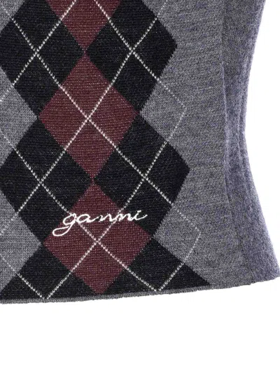 Ganni Grey Sweater With Classic Collar And Check Motif On The Front In Wool Woman In Gray