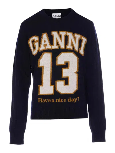 Ganni Women Logo Graphic Baseball Wool Mix Sweater In Blue
