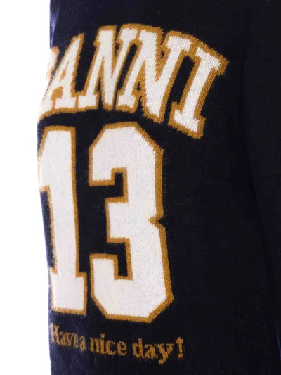 Ganni Women Logo Graphic Baseball Wool Mix Sweater In Blue