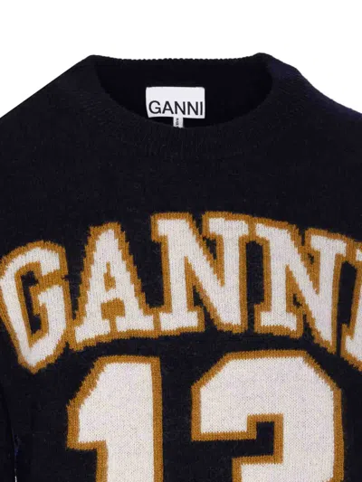 Ganni Women Logo Graphic Baseball Wool Mix Sweater In Blue