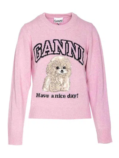 Ganni Womens Chalk Pink Poodle Logo-motif Wool-blend Knit Jumper Xs In Pink