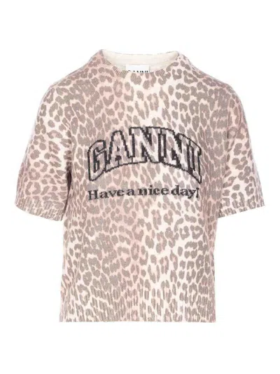 Ganni Women Leopard Wool Mix T-shirt