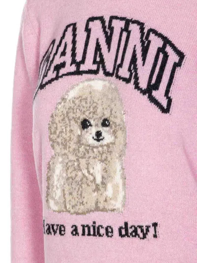 Ganni Womens Chalk Pink Poodle Logo-motif Wool-blend Knit Jumper Xs In Pink