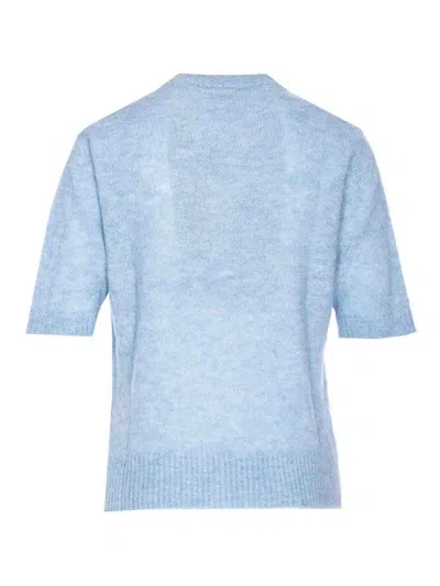 Ganni Light Blue Crewneck T-shirt With Maxi Logo Embroidery On The Front In Blue