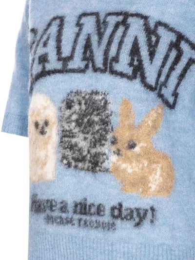 Ganni Light Blue Crewneck T-shirt With Maxi Logo Embroidery On The Front In Blue