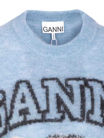 Ganni Light Blue Crewneck T-shirt With Maxi Logo Embroidery On The Front In Blue