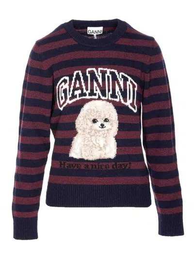 Ganni Graphic Wool Mix Poodle Stripe Crewneck Knitwear Multicolor In Multi