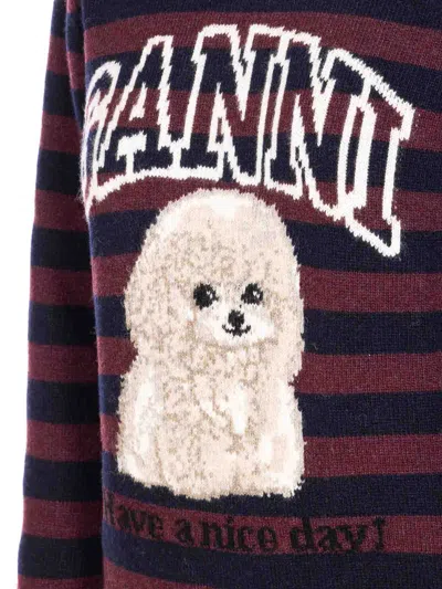 Ganni Graphic Wool Mix Poodle Stripe Crewneck Knitwear Multicolor In Multi