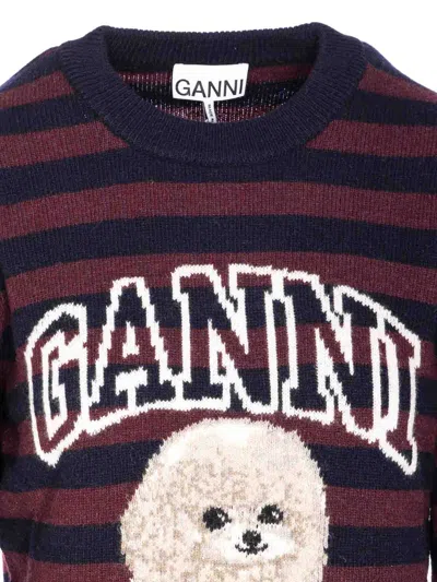 Ganni Graphic Wool Mix Poodle Stripe Crewneck Knitwear Multicolor In Multi