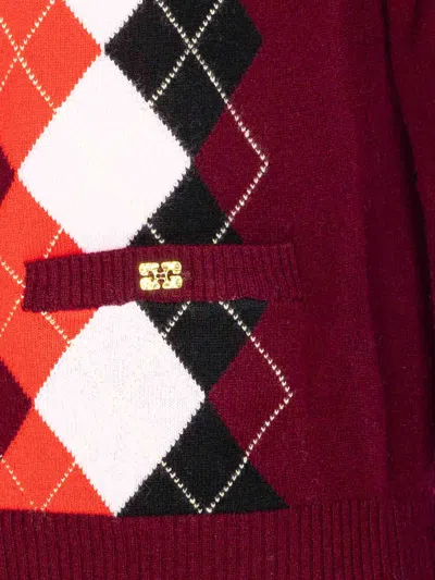 Ganni Womens Tawny Port Rhombus-print Round-neck Wool And Cashmere Cardigan Xl