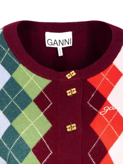 Ganni Womens Tawny Port Rhombus-print Round-neck Wool And Cashmere Cardigan Xl