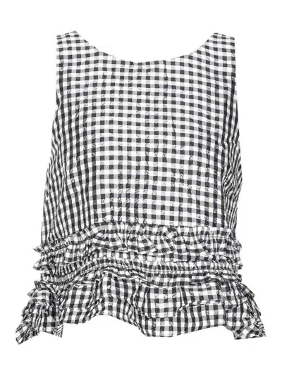 Ganni Crinkled Check Frill Top In Black In Black