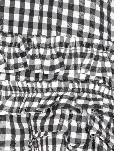 Ganni Crinkled Check Frill Top In Black In Black