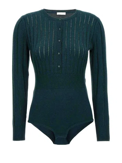Eres Ribbed Crew Neck Bodysuit With Long Sleeves In Blue