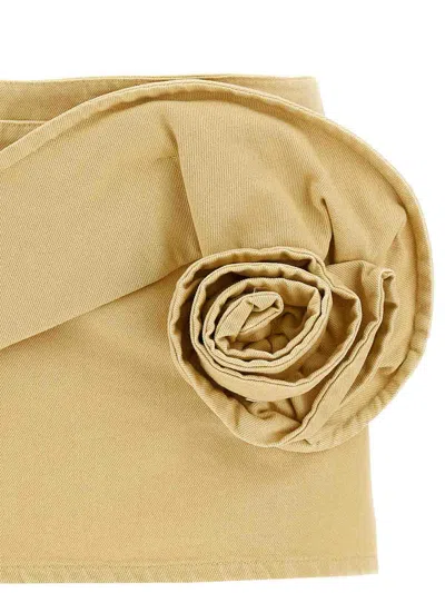 Magda Butrym Cotton Denim Miniskirt With 3d Floral Detail In Yellow