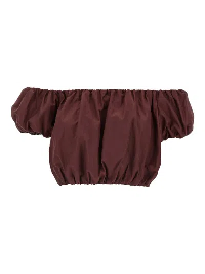 The Andamane Elasticated Hem Off-the-shoulder Puff Sleeves Top In Brown
