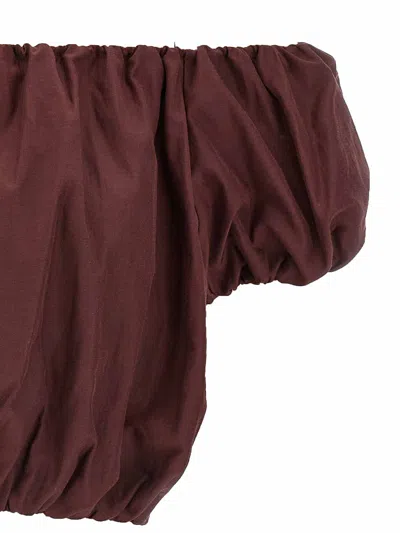 The Andamane Elasticated Hem Off-the-shoulder Puff Sleeves Top In Brown
