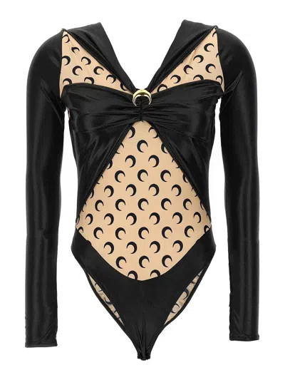Marine Serre Draped Viscose Bodysuit With Crescent Moon Print Design For Women In Black