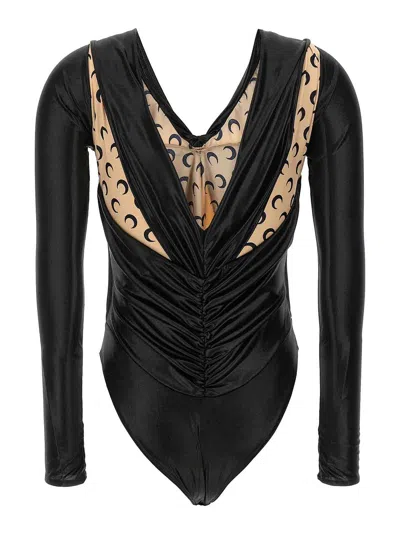 Marine Serre Draped Viscose Bodysuit With Crescent Moon Print Design For Women In Black