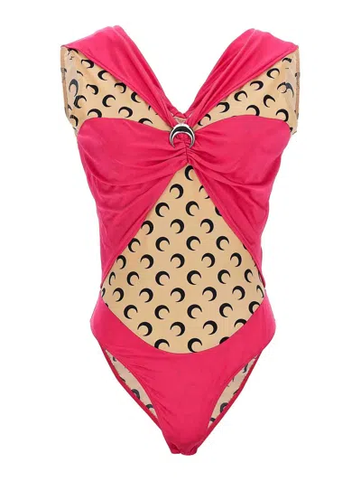 Marine Serre Long Sleeve Jersey Bodysuit With Moon Motif In Pink