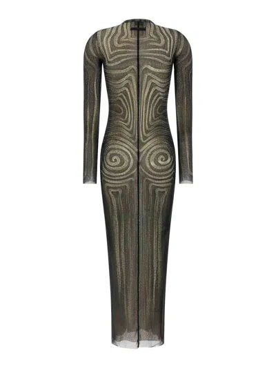 Jean Paul Gaultier Semi-transparent Printed Tulle Dress With Long Sleeves In Green