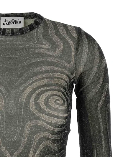 Jean Paul Gaultier Mesh Top With Geometric Pattern And Spiral Print In Black
