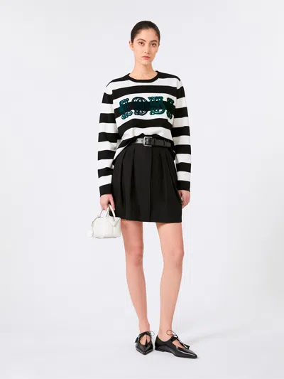 Max Mara Striped Cream Wool Sweater With Embroidered Logo Detail In Black
