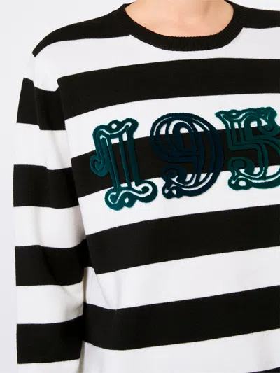 Max Mara Striped Cream Wool Sweater With Embroidered Logo Detail In Black