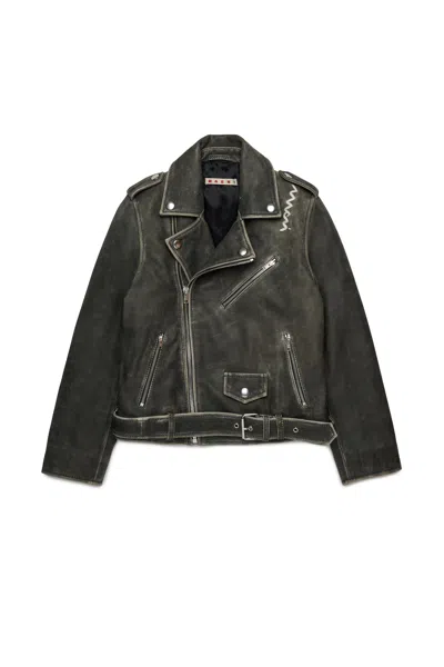 Marni Vintage Effect Leather Biker Jacket Kids In Green