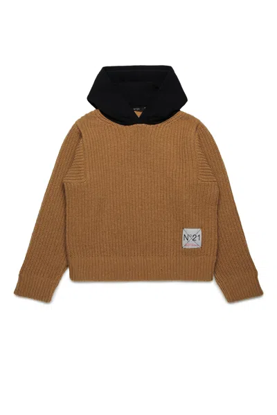 N°21 Maglione Misto Lana Con Cappuccio A Contrasto In Brown