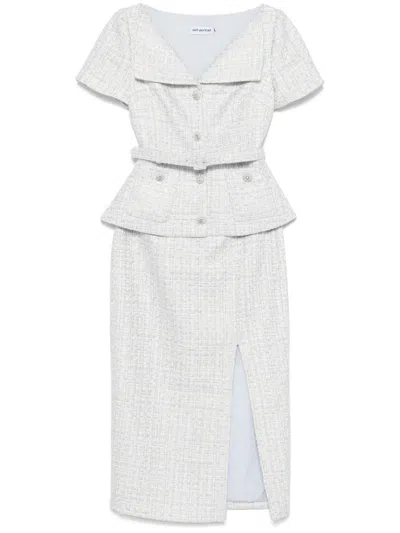Self-portrait Belted Boucle Midi Dress In Blue