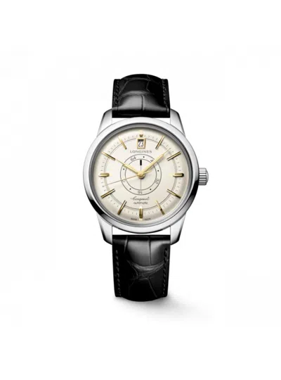 Longines Conquest Heritage Central Power Reserve Automatic Champagne Dial Black Leather Strap Men's Watch L1. In Black