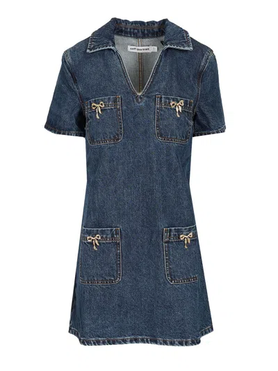 Self-portrait Crystal Bow Mini Denim Dress In Blue