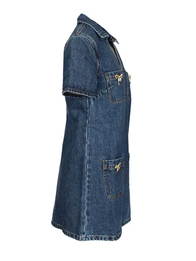 Self-portrait Crystal Bow Mini Denim Dress In Blue