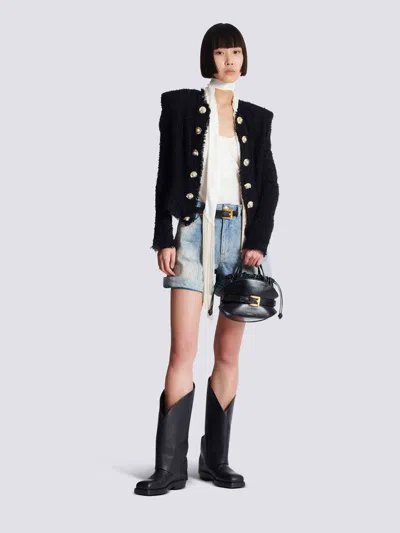 Balmain Tweed Jacket With Frayed Edges And Gold-tone Buttons In Black
