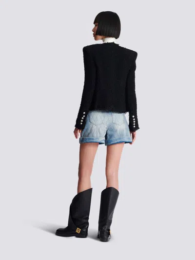 Balmain Tweed Jacket With Frayed Edges And Gold-tone Buttons In Black