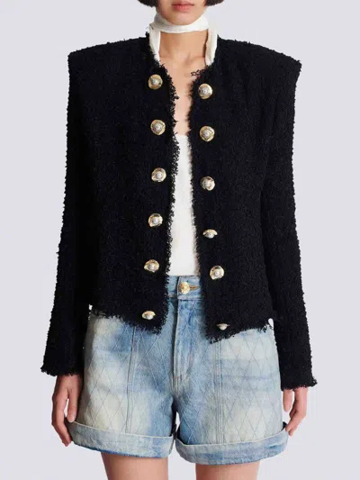 Balmain Tweed Jacket With Frayed Edges And Gold-tone Buttons In Black