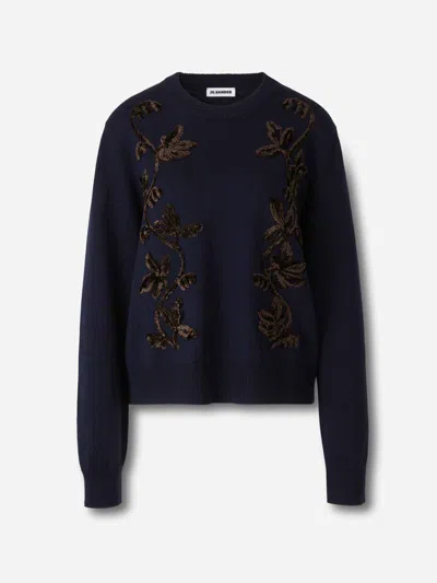 Jil Sander Wool Sweater With Floral Pattern In Blue