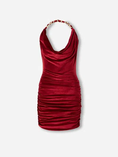 Balmain Chain Draped Velvet Minidress In Red