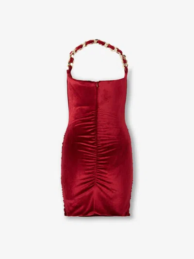 Balmain Chain Draped Velvet Minidress In Red