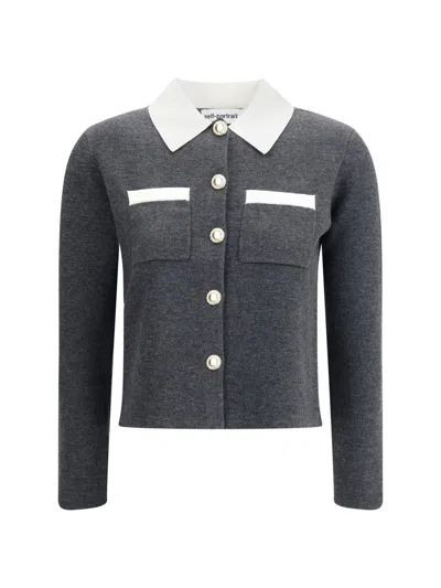 Self-portrait Self Portrait Women Wool Blend Cardigan With Contrasting Collar In Gray