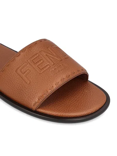 Fendi Brown Leather Slides In Brown