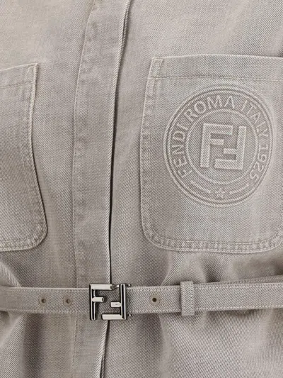 Fendi Beige Denim Jacket With Concealed Closure In Gray