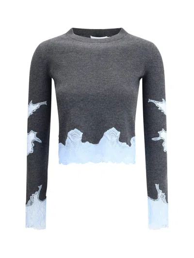 Self-portrait Contrast Lace Knit Sweater Knitwear Grey In Multi